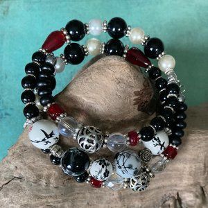 Asian Printed Beaded Wrap Bracelet One Size